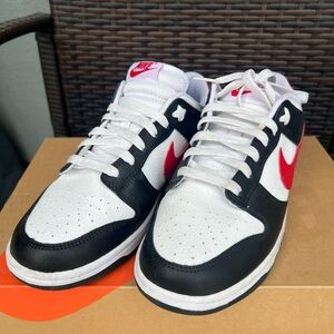 Nike Dunks Low Top Sneakers - White, Black & Red Swoosh